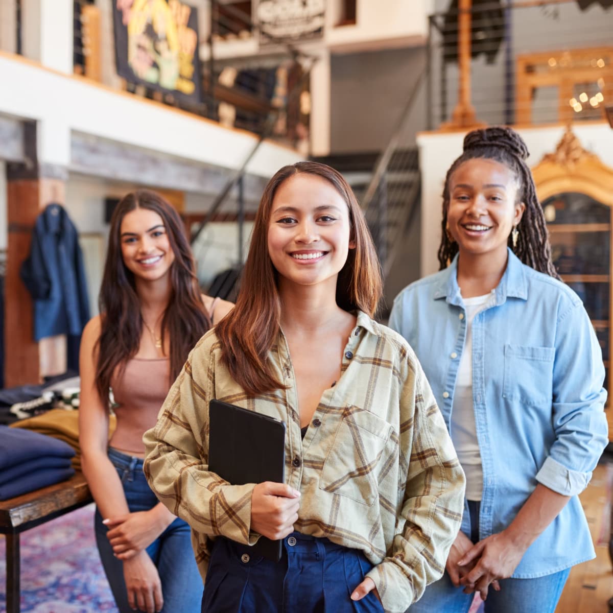 three women working in clothing store